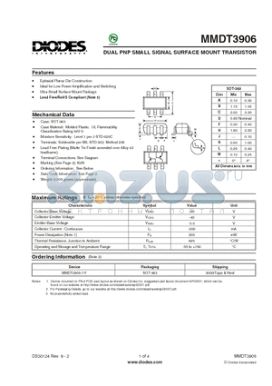 MMDT3906-7-F datasheet - DUAL PNP SMALL SIGNAL SURFACE MOUNT TRANSISTOR