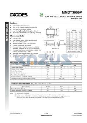 MMDT3906V-7 datasheet - DUAL PNP SMALL SIGNAL SURFACE MOUNT TRANSISTOR