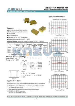 HE021-4D datasheet - 4 way 0 power Combiner/Splitter