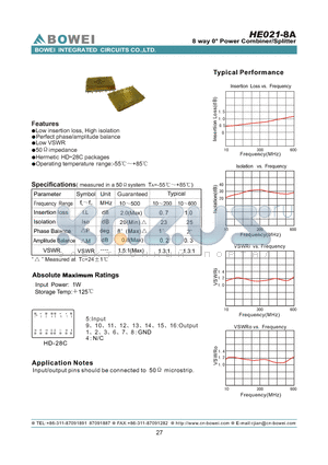 HE021-8A datasheet - 8 way 0 power Combiner/Splitter