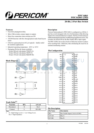 PI5C162861BE datasheet - 20-Bit, 2-Port Bus Switch