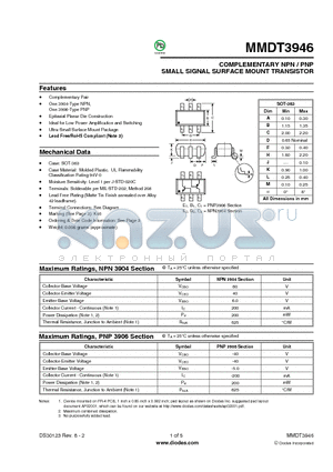 MMDT3946-7-F datasheet - COMPLEMENTARY NPN / PNP SMALL SIGNAL SURFACE MOUNT TRANSISTOR