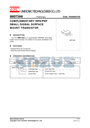 MMDT3946L-AL6-R datasheet - COMPLEMENTARY NPN/PNP SMALL SIGNAL SURFACE MOUNT TRANSISTOR