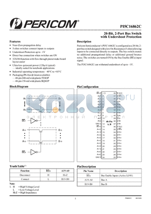 PI5C16862C datasheet - 20-Bit, 2-Port Bus Switch with Undershoot Protection