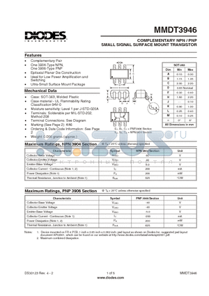 MMDT3946-7 datasheet - COMPLEMENTARY NPN/PNP SMALL SIGNAL SURFACE MOUNT TRANSISTOR