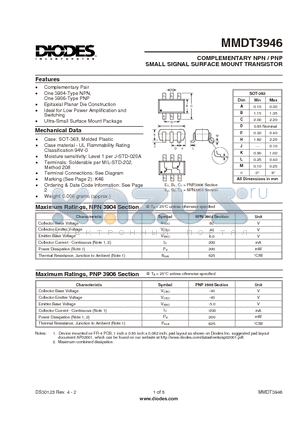 MMDT3946 datasheet - COMPLEMENTARY NPN/PNP SMALL SIGNAL SURFACE MOUNT TRANSISTOR