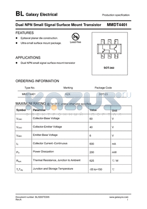 MMDT4401 datasheet - Dual NPN Small Signal Surface Mount Transistor