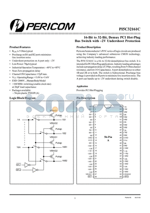 PI5C32161C datasheet - 16-Bit to 32-Bit, Demux PCI Hot-Plug Bus Switch with -2V Undershoot Protection