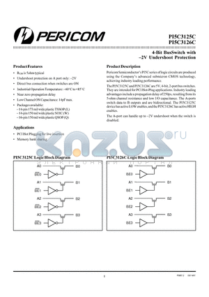 PI5C3126C datasheet - 4-Bit BusSwitch with -2V Undershoot Protection