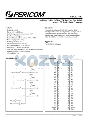 PI5C32160CAE datasheet - 16-Bit to 32-Bit, DeMux PCI Hot-Plug Bus Switch with 1.5V Undershoot Protection