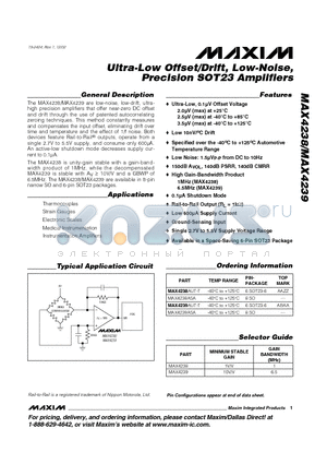 MAX4238AUT-T datasheet - Ultra-Low Offset/Drift, Low-Noise, Precision SOT23 Amplifiers