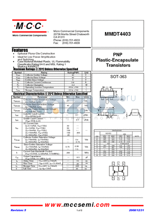 MMDT4403-TP datasheet - PNP Plastic-Encapsulate Transistors