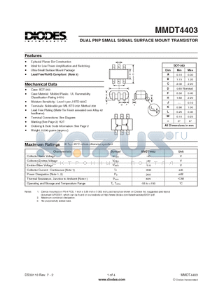 MMDT4403 datasheet - DUAL PNP SMALL SIGNAL SURFACE MOUNT TRANSISTOR