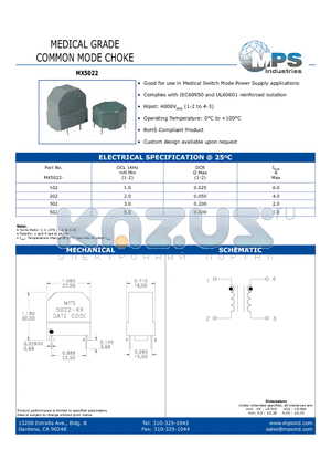 MX5022-502 datasheet - MEDICAL GRADE COMMON MODE CHOKE