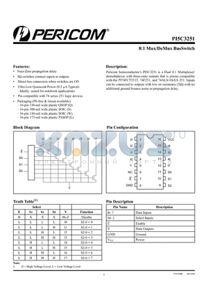 PI5C3251WE datasheet - 8:1 Mux/DeMux BusSwitch