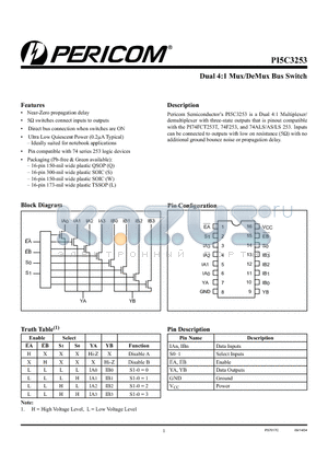 PI5C3253LE datasheet - Dual 4:1 Mux/DeMux Bus Switch