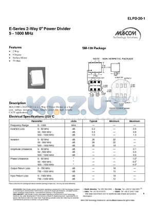 ELPD-20-1 datasheet - E-Series 2-Way 0o Power Divider 5 - 1000 MHz