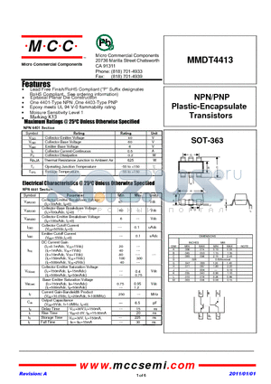 MMDT4413 datasheet - NPN/PNP Plastic-Encapsulate Transistors