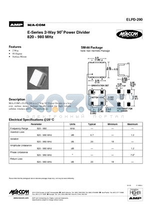 ELPD-290 datasheet - E-Series 2-Way 90 Power Divider 820 - 980 MHz
