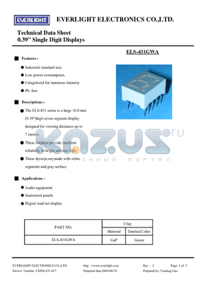 ELS-431GWA datasheet - 0.39 SINGLE DIGIT DISPLAYS