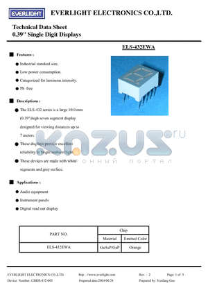 ELS-432EWA datasheet - Technical Data Sheet 0.39inch Single Digit Displays