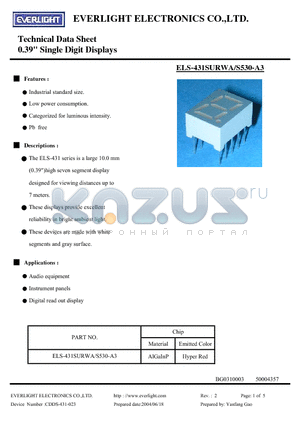 ELS-431SURWA datasheet - 0.39inch Single Digit Displays