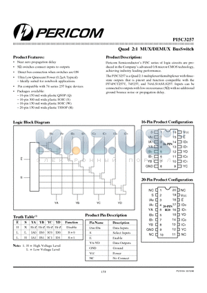 PI5C3257 datasheet - Quad 2:1 MUX/DEMUX BusSwitch