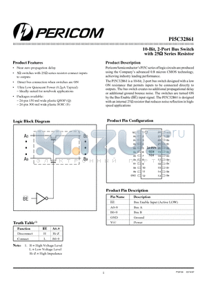 PI5C32861 datasheet - 10-Bit, 2-Port Bus Switch with 25ohm Series Resistor