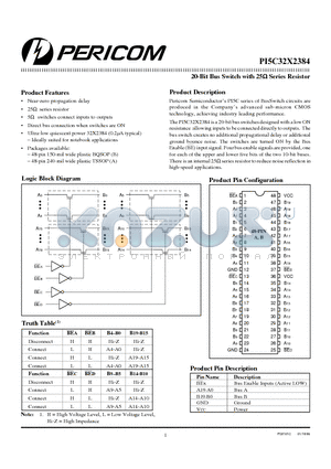 PI5C32X2384 datasheet - 20-Bit Bus Switch with 25W Series Resistor