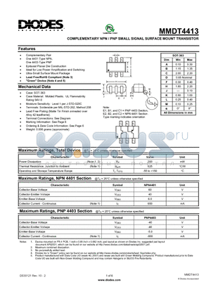 MMDT4413 datasheet - COMPLEMENTARY NPN / PNP SMALL SIGNAL SURFACE MOUNT TRANSISTOR