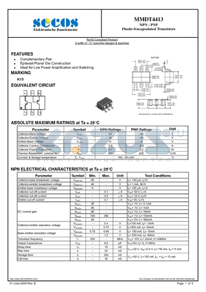 MMDT4413 datasheet - NPN - PNP Plastic-Encapsulated Transistors