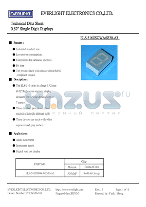 ELS-516USOWA datasheet - 0.52 Single Digit Displays