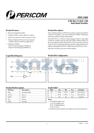 PI5C3305UX datasheet - 2-Bit Bus Switch with Individual Enables