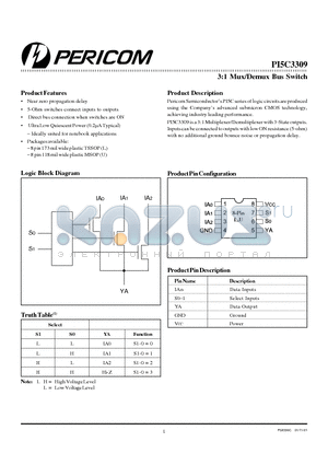 PI5C3309 datasheet - 3:1 Mux/Demux Bus Switch