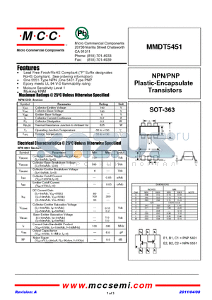 MMDT5451 datasheet - NPN/PNP Plastic-Encapsulate Transistors