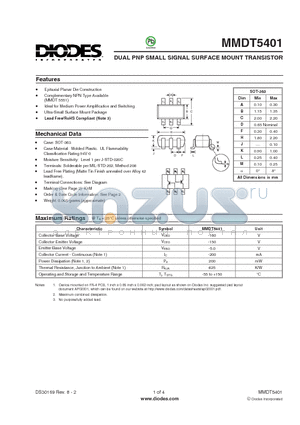 MMDT5401 datasheet - DUAL PNP SMALL SIGNAL SURFACE MOUNT TRANSISTOR