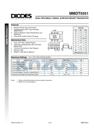 MMDT5551 datasheet - DUAL NPN SMALL SIGNAL SURFACE MOUNT TRANSISTOR