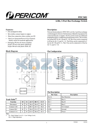 PI5C3401QE datasheet - 6-Bit, 3-Port Bus Exchange Switch