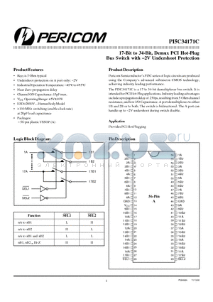 PI5C3417ICA datasheet - 17-Bit to 34-Bit, Demux PCI Hot-Plug Bus Switch with 2V Undershoot Protection