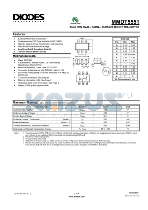 MMDT5551-7-F datasheet - DUAL NPN SMALL SIGNAL SURFACE MOUNT TRANSISTOR