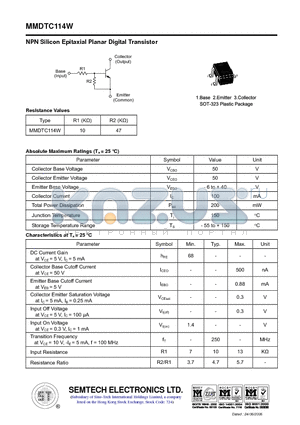 MMDTC114W datasheet - NPN Silicon Epitaxial Planar Digital Transistor