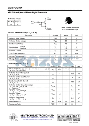 MMDTC123W datasheet - NPN Silicon Epitaxial Planar Digital Transistor