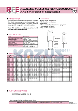 MME684J1J075B250S datasheet - METALIZED POLYESTER FILM CAPACITORS MME Series: Minibox Encapsulated