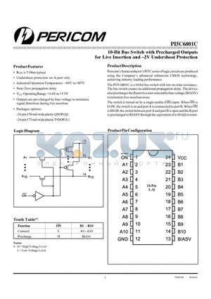 PI5C6801CL datasheet - 10-Bit Bus Switch with Precharged Outputs for Live Insertion and - 2V Undershoot Protection