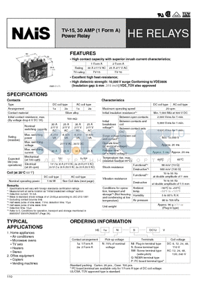 HE1AN-P-DC110V datasheet - TV-15, 30 AMP (1 Form A) Power Relay