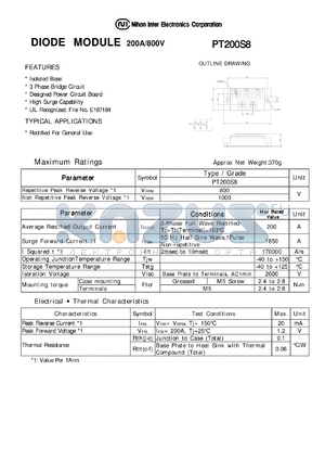PT200S8 datasheet - DIODE MODULE 200A/800V