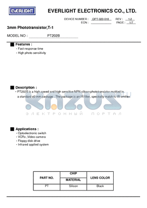 PT202B datasheet - 3mm Phototransistor,T-1