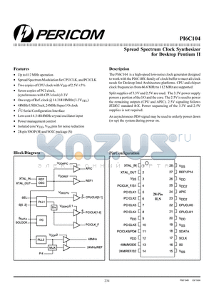 PI6C104S datasheet - Spread Spectrum Clock Synthesizer for Desktop Pentium II