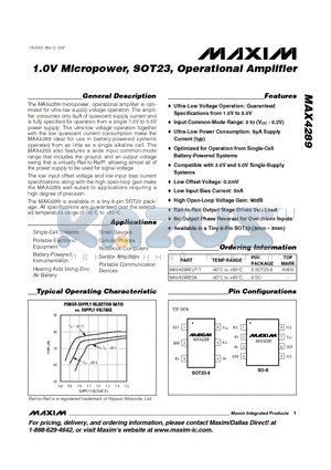 MAX4289EUT-T datasheet - 1.0V Micropower, SOT23, Operational Amplifier
