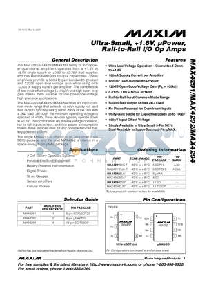 MAX4291 datasheet - Ultra-Small, 1.8V, lPower, Rail-to-Rail I/O Op Amps